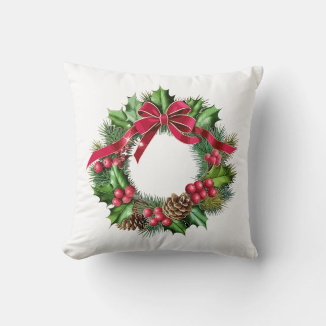 Coussin Élégante couronne de Noël avec Bow rouge, Holly &  (Recto)