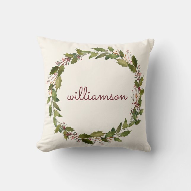 Coussin Élégante couronne de Noël personnalisée Script Vin (Recto)