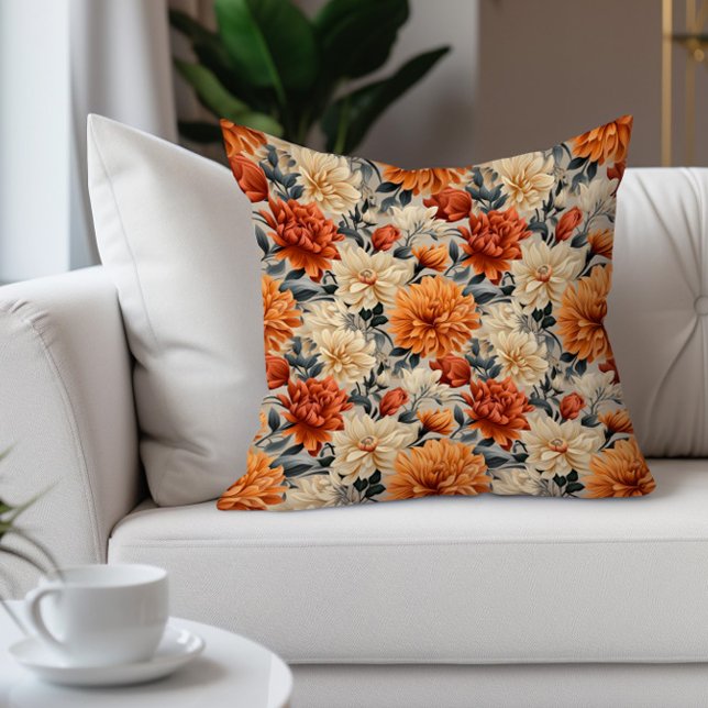 Coussin Elégante Crème orange Turquoise Florale (Burnt orange and cream watercolor floral decorator pillow)