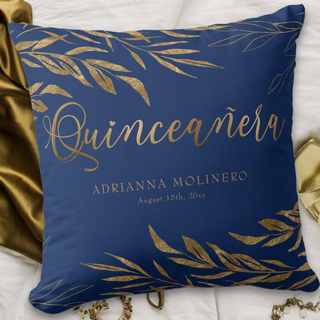 Coussin Elégante feuille d'or bleu Quinceanera personnalis (Royal Blue Quinceanera keepsake pillow from my Gold Leaf Quinceanera Collection)