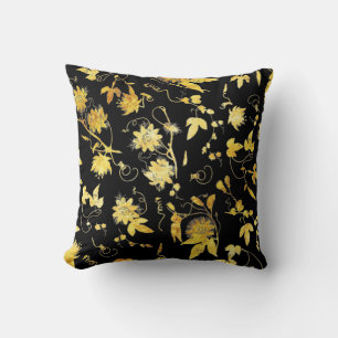 Coussin Élégante fleur de la passion or sur le noir