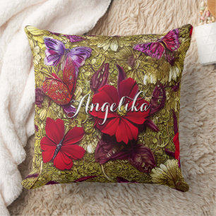 Coussin Elégante Fleurs Rouge et Or Nom personnalisé
