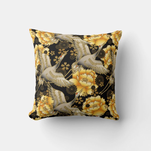 Coussin Élégante grue japonaise et pivoine (Recto)