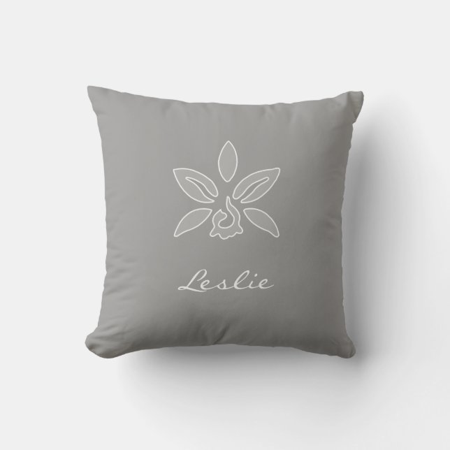 Coussin Elégante Orchidée Simple Fleur Gris Riche Avec Nom (Recto)