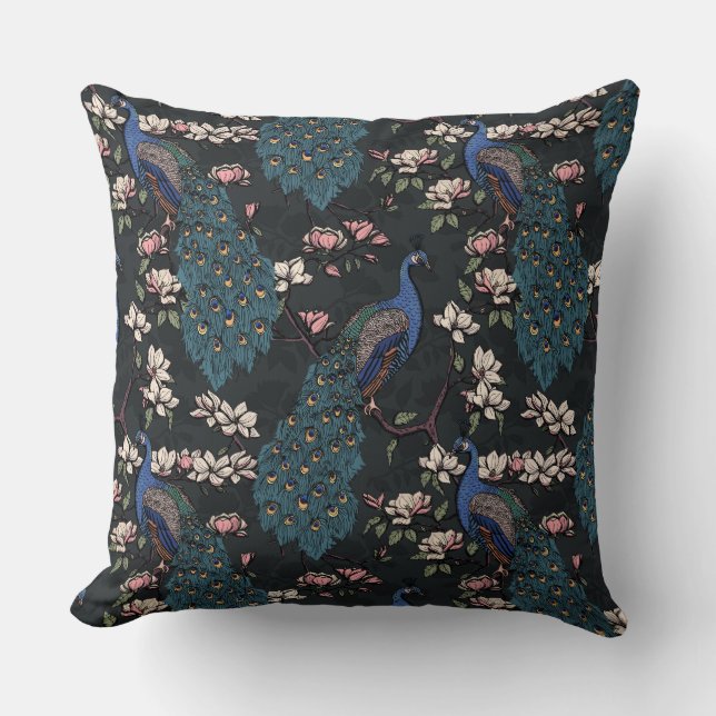 Coussin Elégante Peacocks Bleus, Fleurs Magnolia, Branches (Recto)