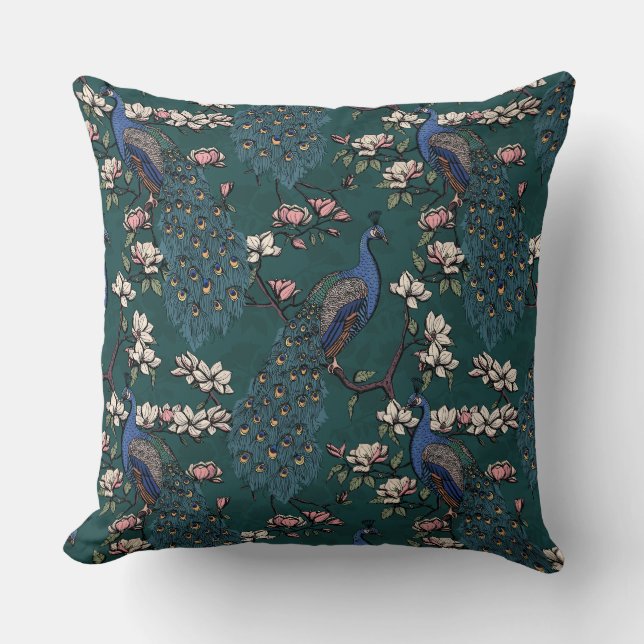 Coussin Elégante Peacocks Bleus, Fleurs Magnolia, Branches (Recto)