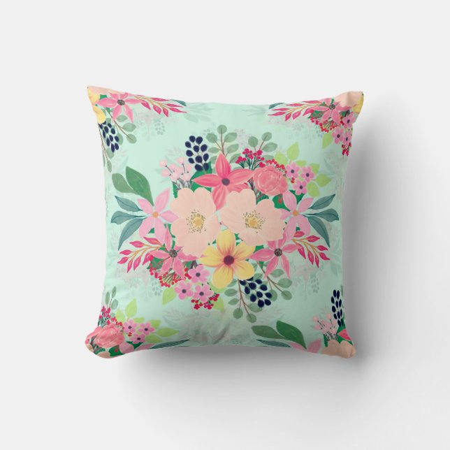 Coussin Elégante peinture à l'aquarelle florale à la menth (Recto)