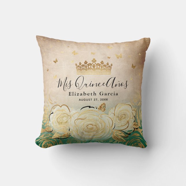 Coussin Elégante Quinceanera Verte Or Rose Blanche (Recto)