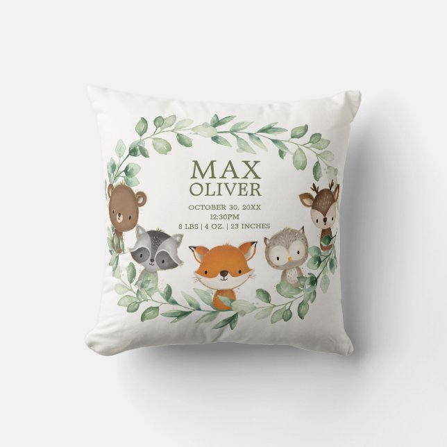 Coussin Élégante verdure Woodland Birth Stats Boy Nursery (Recto)