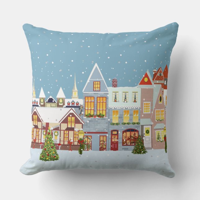 Coussin Élégante ville de Noël sur Sky Blue (Recto)