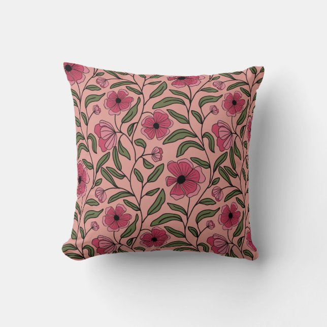 Coussin Élégantes fleurs roses avec feuilles verts (Recto)