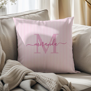 Coussin Élégantes rayures roses et blanches Monogramme Nom