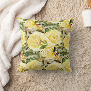 Coussin Élégantes roses florales aquarelles jaunes et verd