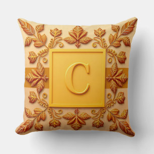Coussin Élégants motifs de monogramme avec feuilles dorées