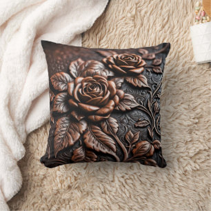 Coussin Élégants Roses de cuivre sur Artisanat Cuir
