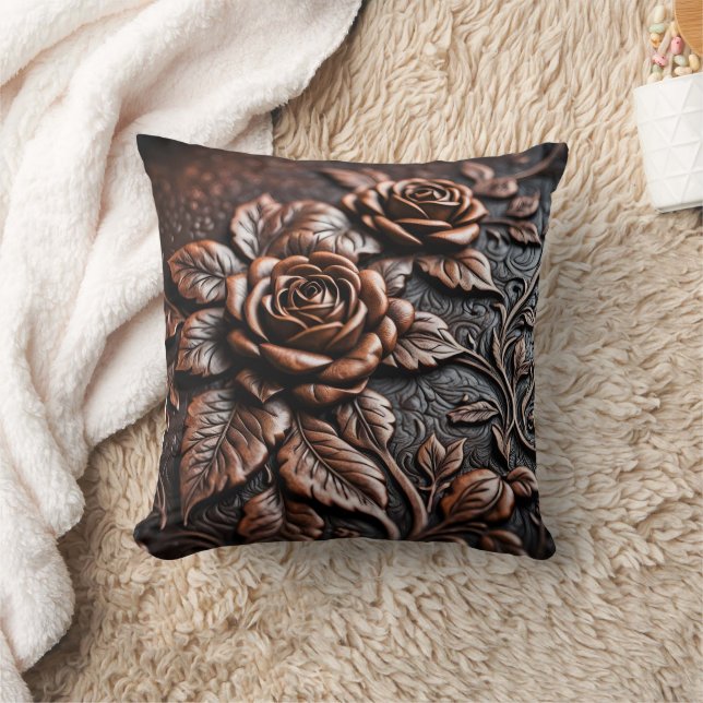 Coussin Élégants Roses de cuivre sur Artisanat Cuir (Couverture)