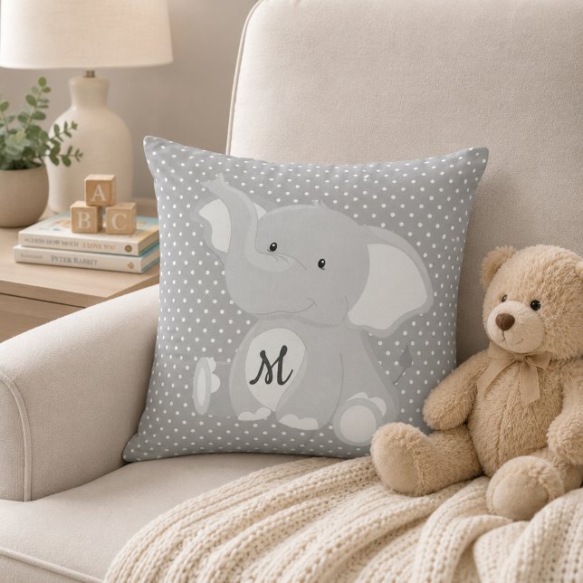 Coussin Élément éléphant monogramme mignon gris et blanc à (Créateur téléchargé)