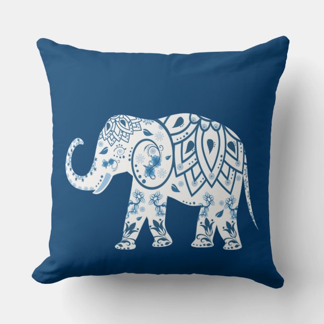 Coussin Éléphant bleu modelé fleuri (Recto)