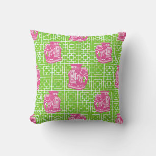 Coussin Éléphant de chinoiserie sur bambou - Rose Chaud et