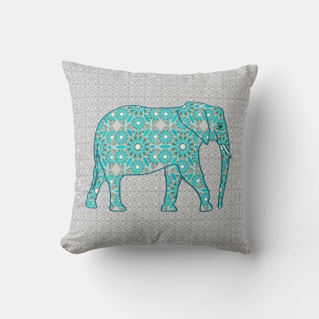 Coussin Éléphant de fleur de mandala - turquoise, gris et (Recto)