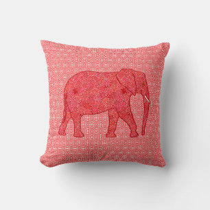 Coussin Eléphant de fleurs - rouge profond et corail