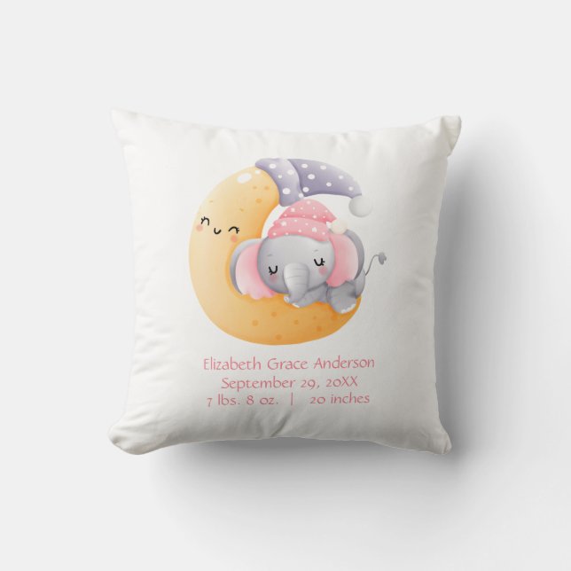 Coussin Eléphant dormant Personnalisé Lune rose Fille bébé (Recto)