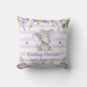 Coussin Éléphant Fille Fleurs Violettes Pépinière Lilas La