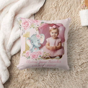 Coussin Éléphant Floral Rose 1er Anniversaire Photo Souven