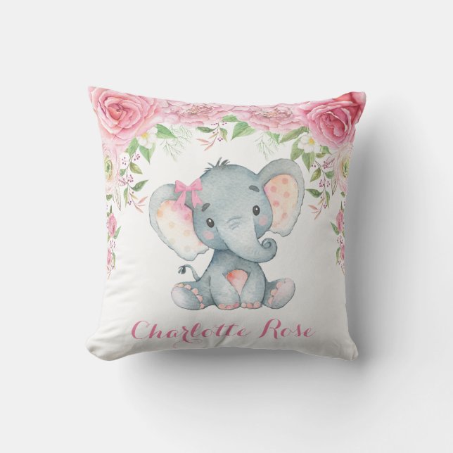 Coussin Elephant rose Floral Roses Baby Girl Décor (Recto)