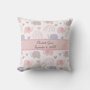 Coussin Éléphants Rose Bleu Arc-en-ciel Nurserie 