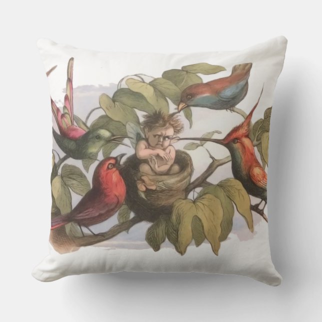 Coussin Elfe des bois dans le nid : Antique Oiseau Sprite  (Recto)