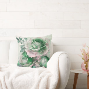 Coussin Émeraude Vert Rose d'aquarelle Élargi