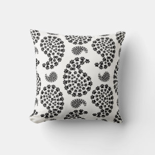 Coussin Empreinte de patte de chien noir et blanc Paisley 