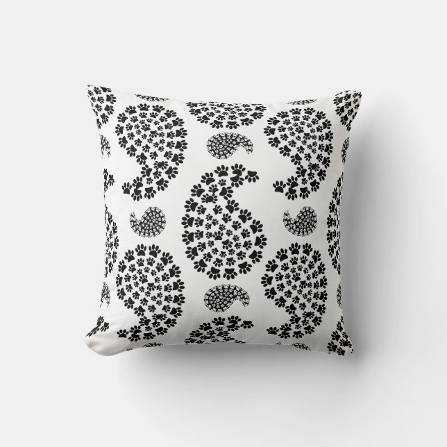Coussin Empreinte de patte de chien noir et blanc Paisley  (Recto)