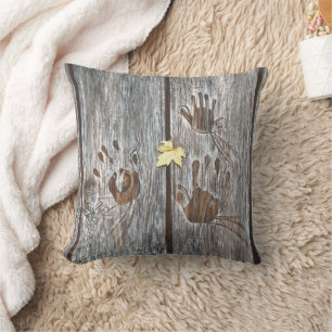 Coussin Empreintes à main Oiseaux sur planches en bois ave