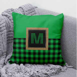Coussin en vichy Monogramme à feuilles de bison vert et no