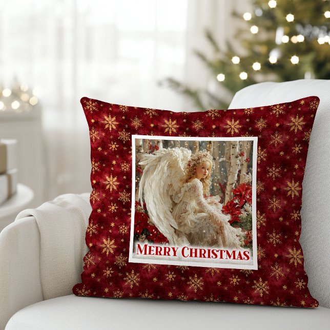 Coussin Enchanting Angel Red Gold Cozy Christmas Gift   (Enchanting Angel Red Gold Cozy Christmas Gift Pillow)