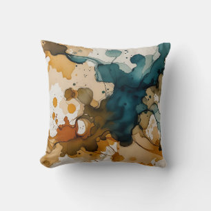 Coussin Encre d'alcool turquoise et or Abstraite