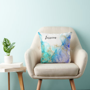 Coussin Encre et nom d'alcool turquoise et or