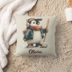 Coussin Enfant de softball personnalisé de pingouin d'hive