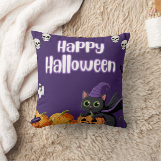 Coussin Enfants mignons Halloween Joyeux Chat Noir