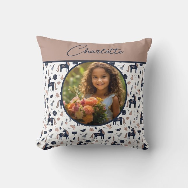 Coussin Enfants Navy Beige Unicorne Photo personnalisée av (Recto)