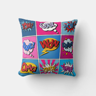 Coussin Ensemble de bulles comiques. Expressions Bom, Cool