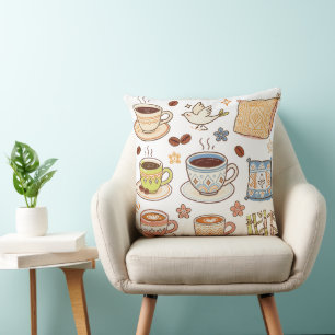 Coussin Ensemble de doodles d'art folklorique et de café d