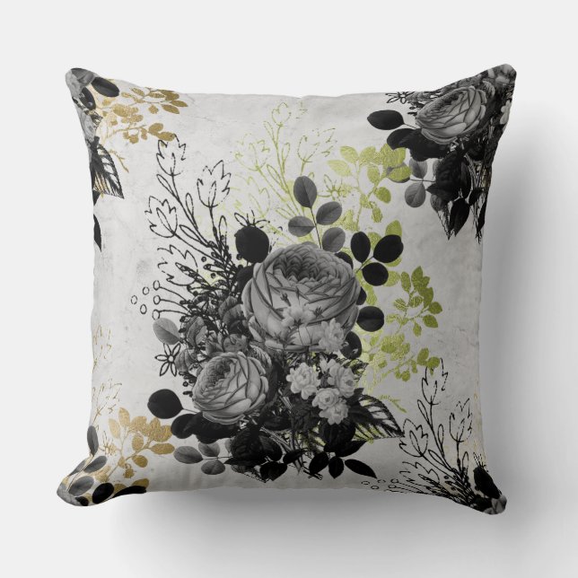 Coussin Ephemera Black & Gold Floral (Recto)