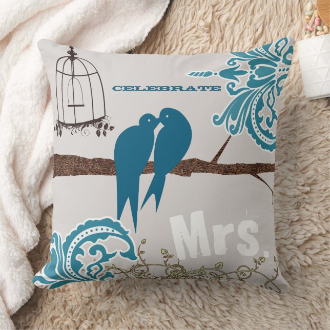 Coussin Épouse Turquoise Damask embrasser Inséparables Bir (Couverture)
