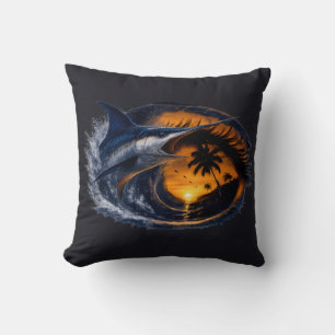 Coussin Espadon Sunset Wave – Art océanique tropical surré