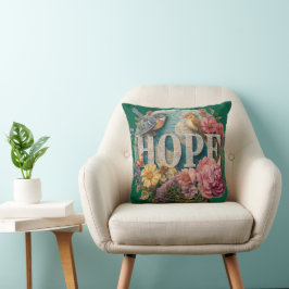 Coussin Espérons la typographie florale avec les oiseaux e