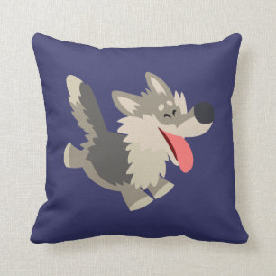 Coussin espiègle mignon de loup de bande dessiné