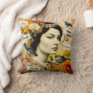Coussin Espoir, Amour, Beauté, Rêve Dame Vintage